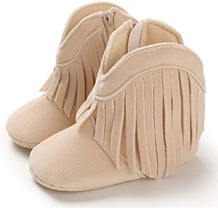 Timatego Baby Girl Cowboy Tassel Boots Side Zipper Non Slip Stay On Booties Infant Toddler First Walker Warm Winter Crib Shoes 3-18 Months, 02 Beige, 12-18 Months Toddler