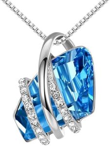 Leafael Wish Stone Pendant Necklace with Aquamarine Blue Birthstone Crystal for March and December, Silvertone, 18" + 2" Chain