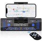 Single-Din Stereo with Car Phone Holder - Bluetooth Car Radio - Push to Talk Assistant Multi Color LCD AM FM Tuner AUX USB Built-in Mic Wireless Remote Control