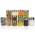 PEARLPET Plus Range Plastic Storage Jars & Containers For Kitchen Storage |Stackable |Air Tight| Steel Cap Jar Set Of 12 Food Grade Boxes |Bpa-Free |200 ml,300ml - 6 pieces each,Transparent