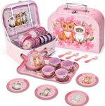 Lajeje Cat Tea Party Set for Little Girls - 19pcs Pretend Play Toy, Birthday Gift for Toddlers Ages 3 4 5 6 Year Old, Includes Kitten Tin Tea Set, and Carrying Case - Ideal Stocking Stuffers for Kids