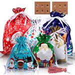 30PCS Christmas Drawstring Gift Bags, Kalolary Assorted Xmas Wrapping Bags 6 Different Designs Gift Sacks Pouches Christmas Goodie Bags with 36PCS Christmas Tree Decoration Tags for Christmas Party