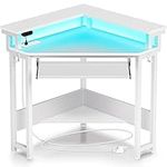 Rolanstar Corner Desk, 44.5"W x 34.5"H Small Computer Desk with Power Outlets & LED Lights, Triangle corner computer desk with Keyboard Tray & Monitor Stand for Small Space, Small Office Desk, White