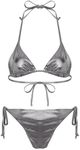 TiaoBug Women's Metallic Shiny Halter Padded Triangle Self Tie Bikini Bathing Suits 2 Piece Bikini Swimsuits CharcoalGrey Small