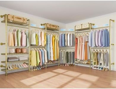 Timate L6 Closet Rack Wall Mount for Corner - Expandable Industrial Pipe Closet System, Heavy Duty Hanging Garment Rack, Closet Organizer Storage Solution for Wardrobe, Bedroom,Walk-in Closets, Gold