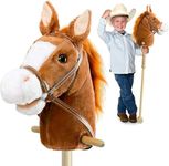 HollyHOME Stick Horse with Wood Wheels Real Pony Neighing and Galloping Sounds Plush Hobby Horse Toy, 91cm, Brown (AA Batteries Required)