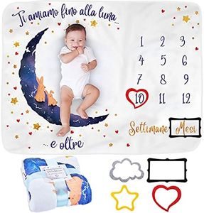 Coperta Mesi Neonato in Italiano | Tappeto Per Maschio O Femmina, Unisex | Regalo Personalizzato Festa Nascituro | Tema Luna | Morbida e Spessa | Cornici Incluse