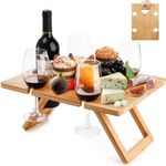 Youeon Portable Wine Picnic Table with 5 Wine Glasses Holder Foldable Champagne Picnic Snack Table Wooden Wine and Snack Table for Picnic Outdoor, Camping, Park, Beach, Indoor, Wine Lover Gift