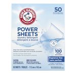 ARM & HAMMER Laundry Detergent Power Sheets - Quick Dissolve Strips - Up to 100 Loads - Convenient, Plastic Jug-Free Packaging - Fragrance Free - 50 count