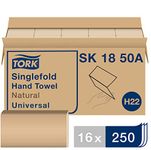 Tork Universal SK1850A Singlefold Paper Hand Towel, 1-Ply, 10.25" Width x 9.13" Length, Natural, (Case of 16 Packs, 250 per Pack, 4,000 Towels)