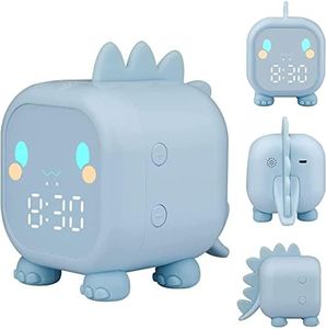 Pokiko Kids Alarm Clock, Dinosaur Digital Alarm Clock,Cute Bedside Clock for Boys Girls, Snooze Mode/Temperature Display/Countdown Timer/Night Light/Voice Control/USB Charge (Blue)