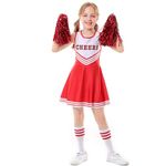 LOLANTA Big Girls Cheer Outfits Summer Dresses Swimsuit Fabric with Socks, Pom Poms (12-14, Red)