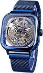 FORSINING Automatic Watches Mechanical Wrist Watch Blue for Mens Skeleton Watches with Stainless Steel Transparent Dial with Royal Flower Movement Carving