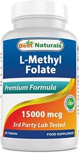 Best Naturals Methyl Folate 15000 mcg (15mg) (Most Bio-Available) 60 Tablets - Supports Cell Formation Growth Function, Brain, Memory, Cardiovascular Health