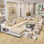 Torque - Callister 12 Seater U Shape Sectional Fabric Sofa Set with 4 Puffy (Left Side, Beige & White) | Couch for Living Room | 3 Years Warranty