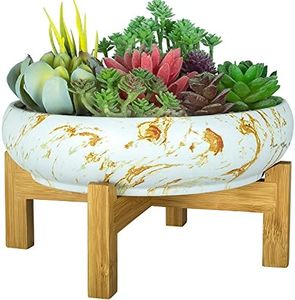 ARTKETTY Large Succulent Planter, 10 Inch Ceramic Succulent Pot with Drainage Marble Bonsai Pot with Stand Flower Planter Bowl for Indoor/Outdoor Succulent Cactus