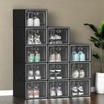 DWVO XX-Large 12 Pack Shoe Storage Boxes, Clear Plastic Stackable Shoe Organizer for Closet, Fit up to US Size 15, Foldable Shoe Rack Sneaker Containers Black