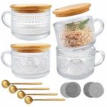 Eidoct Vintage Coffee Glass Mugs Set of 4, 14oz Overnight Oats Containers with Wooden Lids, Coaster and Spoons, Glass Coffee Cups with Handle, for Cappuccino, Latte, Tea, Gift