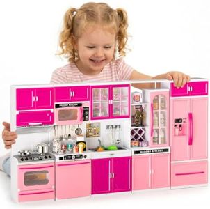 Wdebay 5 in 1 Kids Kitchen Playset Toys with Light & Sound, Doll House Furniture Accessories, 64 PCS Pretend Cooking Food Set, Play Kitchen for Toddlers, Gifts for Girl Ages 3-5 Year Old