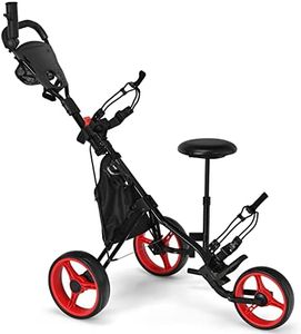 GYMAX Golf Push Pull Cart, Lightweight 3 Wheels Golf Trolley with Storage Bag, Foot Brake, Adjustable Umbrella Holder, Padded Seat and 4 Height Position Handle, Foldable Golf Bag Holder (Red)