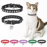 DILLYBUD Leather Cat Collars for Boy Girl Cats with Bell and Safety Elastic Belt, Personalized Rivets Stud Adjustable Safe Buckle Collar with Skull Charm for Kitty Small Pets, Black