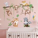 PinkEleph Jungle Animals Climbing Tree Wall Decals - Monkey Tiger Leopard Koala Raccoon Wall Stickers - Baby Nursery Kids Boy Girls Room Daycare Playroom Classroom Wall Decor