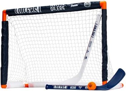 Franklin Sports NHL Edmonton Oilers Mini Hockey Set - Kids Indoor Knee Hockey Goal, Ball, + 2 Mini Hockey Stick Combo Set - Youth NHL Team Indoor Toy Knee Hockey Sets - NHL Official - Ages 3+