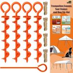 Eurmax USA Canopy Tent Stakes Dog Tie Out Stakes Corkscrew Shape Steel Trampoline Stakes with Iron Rod Installation Tool & 4 Wind Ropes - Set of 4 (Orange)