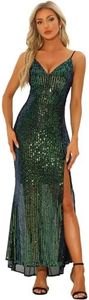 Allegra K Women's Sequin Evening Dress, V-Neck, Spaghetti Straps, Split Maxi Dress, Green, XXL