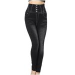 hlysgo Skinny Faux Jeans for Women High Waist Stretchy Slimming Jeggings Denim Print Leggings Trousers Pants, 04#black, Medium