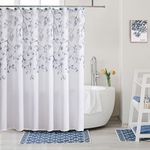 Central Park Navy Blue Leaf Shower Curtain Water Resistant Decorative Sweeping Floral Print Canvas Bathroom Spa Hotel Shower Curtain with Buttonholes (White, 70"x72")