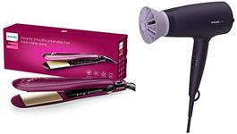 PHILIPS BHS738/00 Kerashine Titanium Wide Plate Straightener With SilkProtect Technology & Hair Dryer BHD318/00 1600 Watts Thermoprotect AirFlower Advanced Ionic Care 3 Heat -Purple