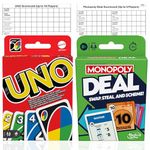 Uno Cards & Monopoly Deal - Card Games Set + Scorecards | Uno Card Game, Monopoly Deal Card Game, Kids Travel Games. Mattel and Hasbro