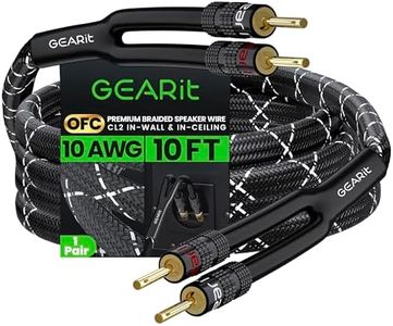 GearIT 10AWG Speaker Cable Wire with Gold-Plated Banana Tip Plugs (10 Feet) in-Wall CL2 Rated, Heavy Duty Braided, 99.9% Oxygen-Free Copper (OFC) - Black