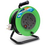 EXTRASTAR 50M Extension Reel 13Amp 240V, 4 Sockets Cable Reel with Winding Handle and Thermal Cut-Out, Heavy-Duty Extension Cord Reel in Green