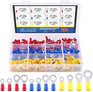 Glarks 360pcs 22-16/16-14/12-10 Gauge Mixed Quick Disconnect Electrical Insulated M4/5/6/8 Ring Crimp Terminals Connectors Assortment Kit