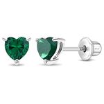 925 Sterling Silver 5mm Toddlers Simulated Emerald Heart Shape Cubic Zirconia Stud Earrings With Safety Screw Back Locking - Sweet Screw Back Earrings For Little Girls Born in May