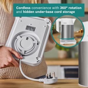 Bosch Cordless Kettle 1.7L – 7 Temperature Settings, KeepWarm, White/Silver