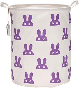 Sea Team 19.7" Large Sized Waterproof Coating Ramie Cotton Fabric Folding Laundry Hamper Bucket Cylindric Burlap Canvas Storage Basket with Cute Bunny Design (Purple Bunny)