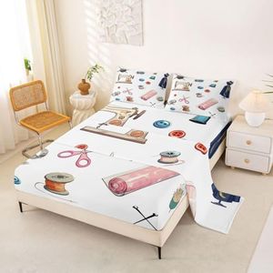 Erosebridal Sewing Bed Sheets Set King Buttons Sheet Set Sewing Machine Scissors Measuring Tape Sheets Needle Thimble Spool Mannequin Flat Fitted Sheet