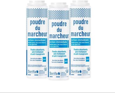 SORIFA - Lot de 3 - Poudre du Marcheur - Anti-transpirante - Absorbante - Pieds – Réduit la transpiration - Elimine odeurs et mycoses - Sans sels d’aluminium - Fabriqué en France - Poudreuse 100 gr