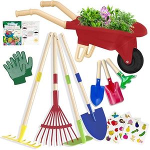 Qtioucp Kids Gardening Tools Outdoor Toys Set Backyard Play with Wheelbarrow Educational STEM Learning Pretend Toys Outdoor Indoor for Toddlers Kids Boys Girls (Red Wheelbarrow Set)