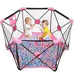 Hello-5ive Baby Playpen, Foldable & Portable Kids Fence with Carry Bag, Breathable Mesh, Toddler Safety Play Yard with Storage Bag, Large Activity Centre for Boys Girls, Indoor Outdoor (Black&Pink)