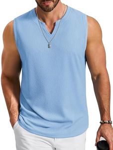COOFANDY Mens Soft Knitted Undershirt V Neck Tank Top Moisture Wicking Textured Weave for Hot Weather, Light Blue, Small