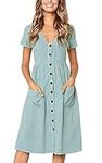 Summer Dresses for Women Casual Midi Dress Short Sleeve Shirt Dress V Neck Button Decoration Swing A Line Tunic Dress with Pockets Size XL = UK 14-16 Light Green