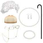 JeryWe 8 Pieces Old Lady Costume Cosplay Set Grandma Wig Cap Glasses Chain Cords Pearl Beads Necklace Earrings