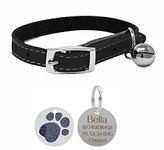 Genuine Leather Cat Collar with Safety Elastic & Bell with Personalised Engraved 25mm Glitter Paw Print Tag (Black)