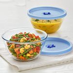 Borosil Select Serving & Mixing Bowl with Blue Lid | Set of 2 (500ml Each) | Borosilicate Glass Bowl for Kitchen & Dinning | Bowl for Mixing Dough, Salad, Batter, Pasta | Microwave & Dishwasher Safe