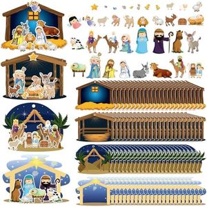 Glenmal 96 Sheets Make a Nativity Scene Sticker Cardboard Ornament Craft Kit Christmas Nativity Stickers with Nativity Scene Cardboard and Rope Funny Christmas Crafts for Religious Party Favor