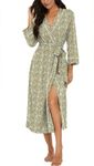 PrinStory Women Dressing Gowns Causal Kimono Robes Long Bathrobe Soft Womens 3/4 Sleeve Ladies Loungewear (Green White Maze, L)